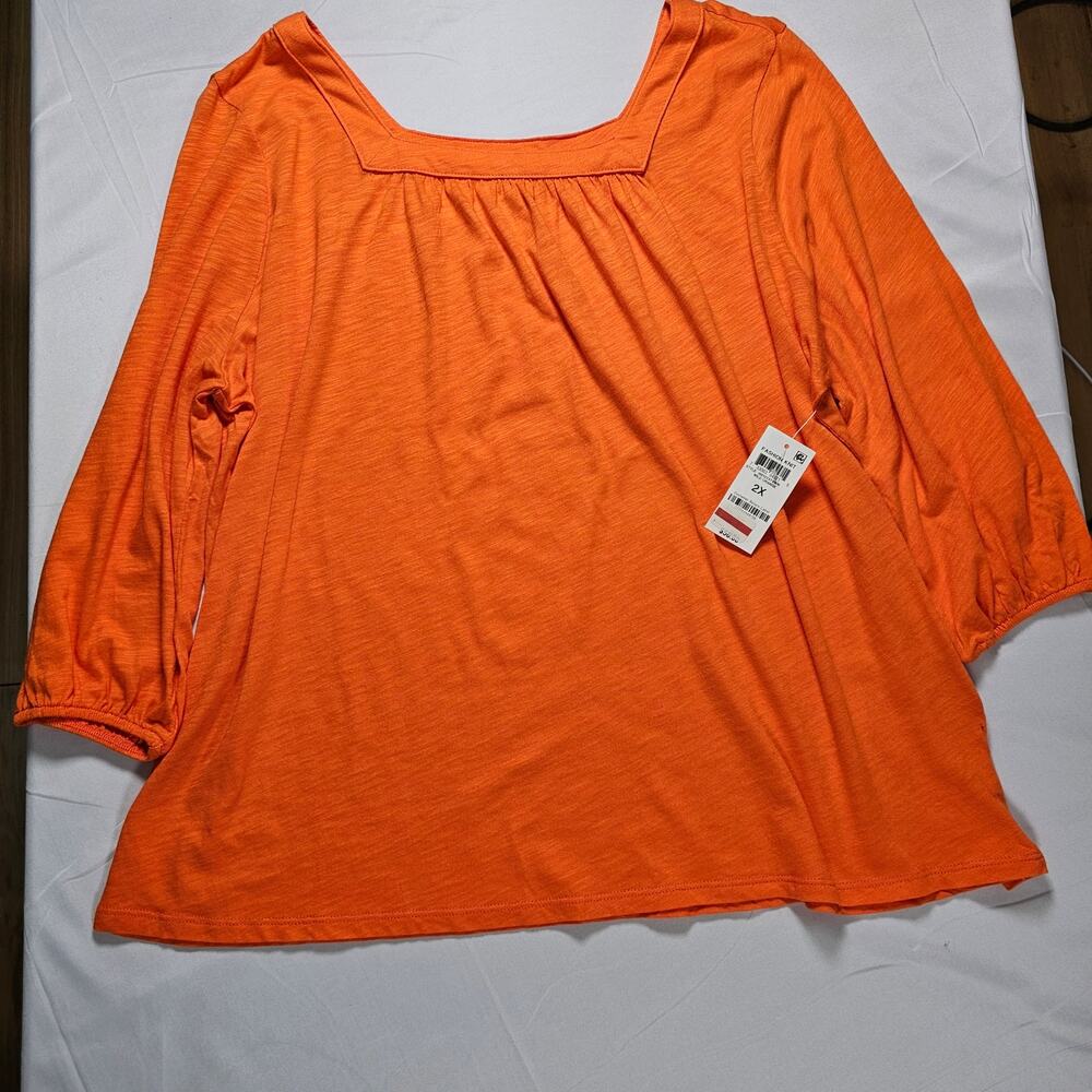 Style & Co Orange Top 2X Square Neck 3/4‎ Sleeve Lightweight Knit NWT
